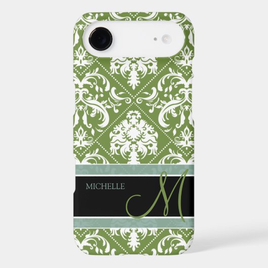 Pretty Dark Olive Green & white damask w/ monogram Case-Mate iPhone Case (Back)
