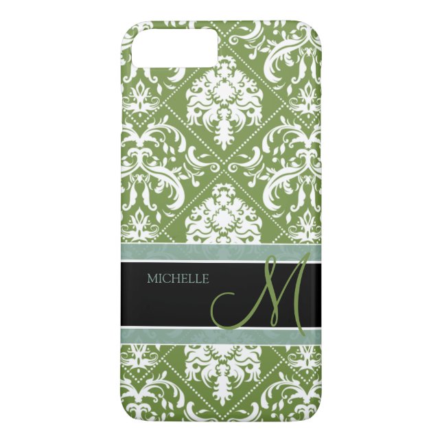 Pretty Dark Olive Green & white damask w/ monogram Case-Mate iPhone Case (Back)