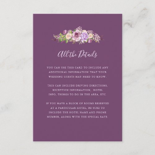 Pretty Dark Purple Flowers  Wedding Guest Details Enclosure Card