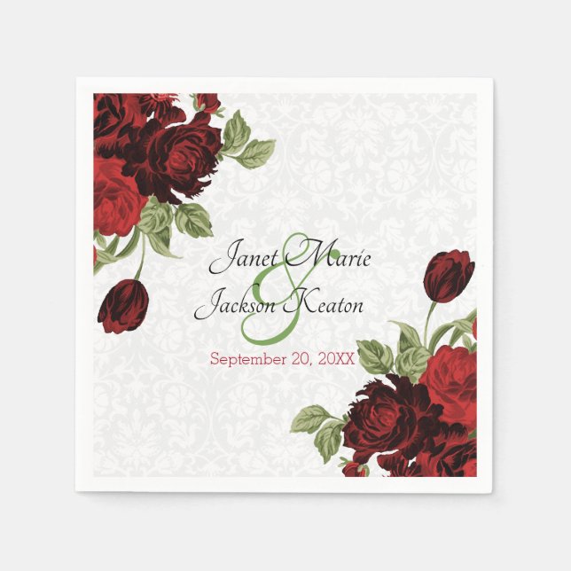 Pretty Dark Red  Floral Wedding Napkins (Front)
