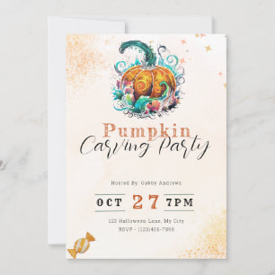 Pretty Decorated Orange Pumpkin Carving Party Invitation