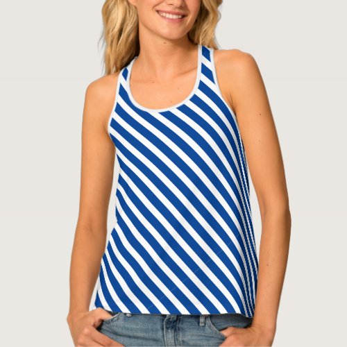 Pretty Deep Blue White Diagonal Stripes Tank Top