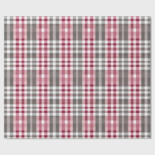 Pretty Deep Pink and Gray Fun Plaid Wrapping Paper (Flat)