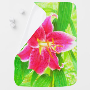 Pretty Deep Pink Stargazer Lily on Lime Green Baby Blanket