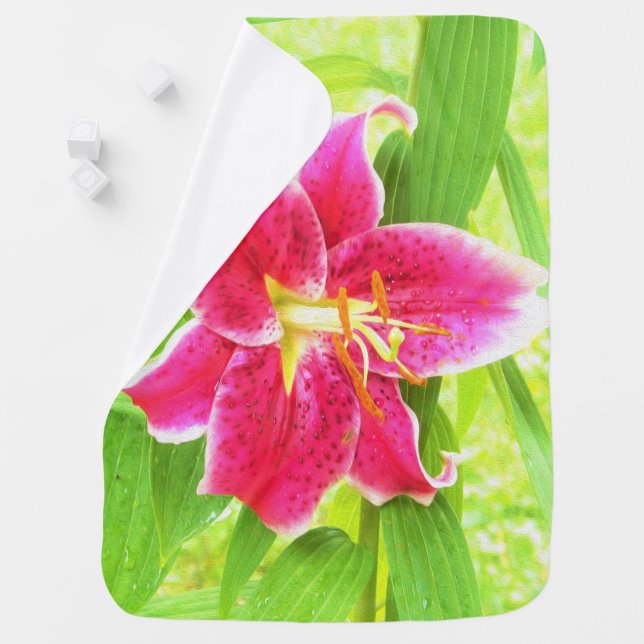 Pretty Deep Pink Stargazer Lily on Lime Green Baby Blanket (In Situ)