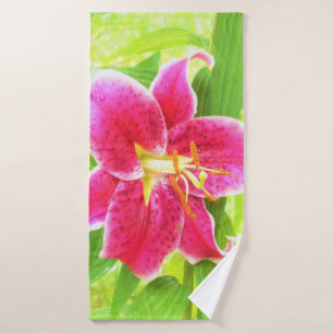 Pretty Deep Pink Stargazer Lily on Lime Green Bath Towel