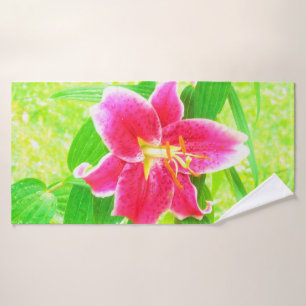 Pretty Deep Pink Stargazer Lily on Lime Green Bath Towel