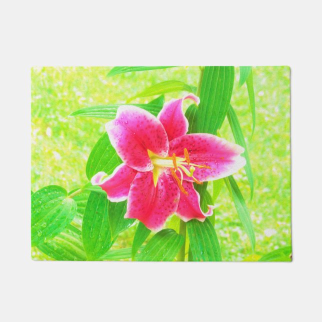 Pretty Deep Pink Stargazer Lily on Lime Green Doormat (Front)