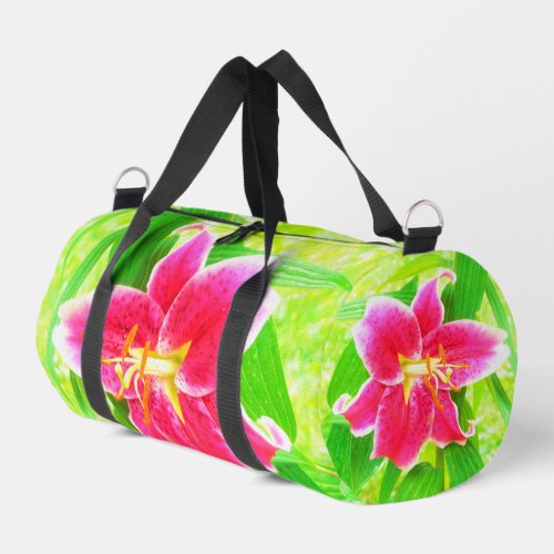 Pretty Deep Pink Stargazer Lily on Lime Green Duffle Bag