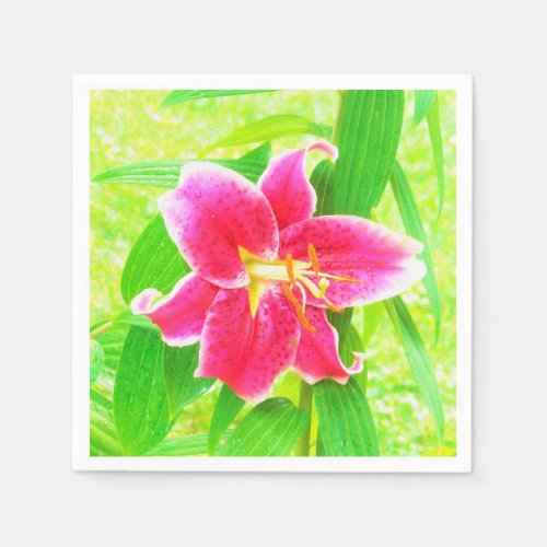 Pretty Deep Pink Stargazer Lily on Lime Green Napkins