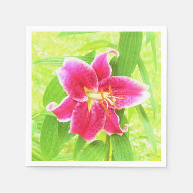 Pretty Deep Pink Stargazer Lily on Lime Green Napkins (Front)