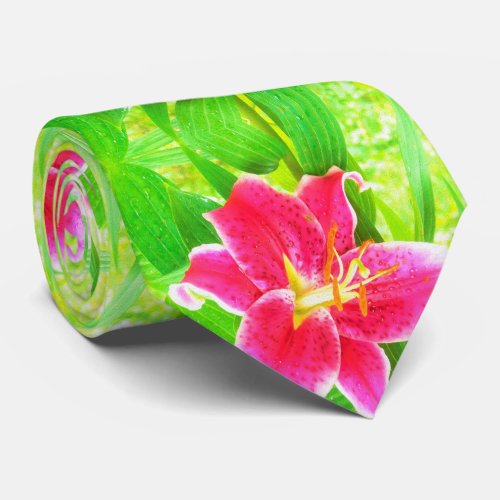 Pretty Deep Pink Stargazer Lily on Lime Green Neck Tie