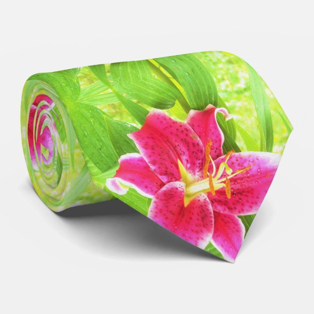 Pretty Deep Pink Stargazer Lily on Lime Green Neck Tie (Rolled)