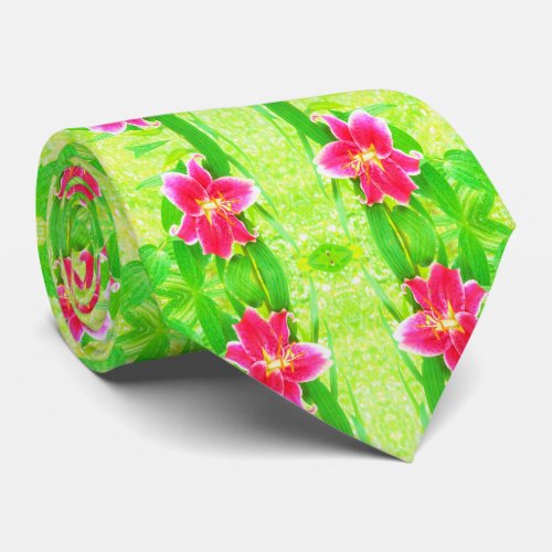 Pretty Deep Pink Stargazer Lily on Lime Green Neck Tie