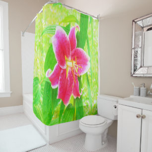 Pretty Deep Pink Stargazer Lily on Lime Green Shower Curtain