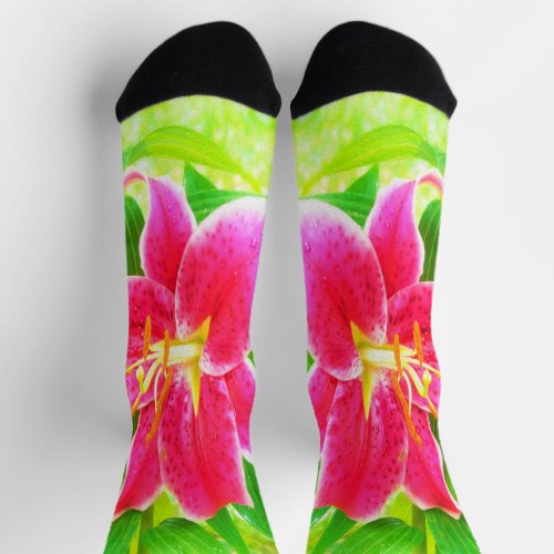 Pretty Deep Pink Stargazer Lily on Lime Green Socks