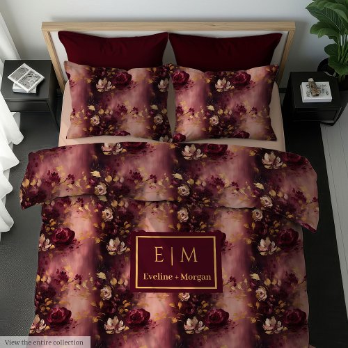 Pretty Deep Red Merlot Gold Watercolor Floral  