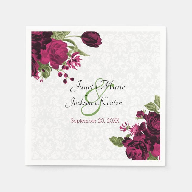 Pretty Deep Wine Floral Wedding Napkins (Front)