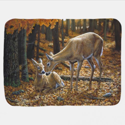 Pretty Deer and Fawn Autumn Leaves Baby Blanket