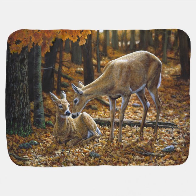 Pretty Deer and Fawn Autumn Leaves Baby Blanket (Horizontal)