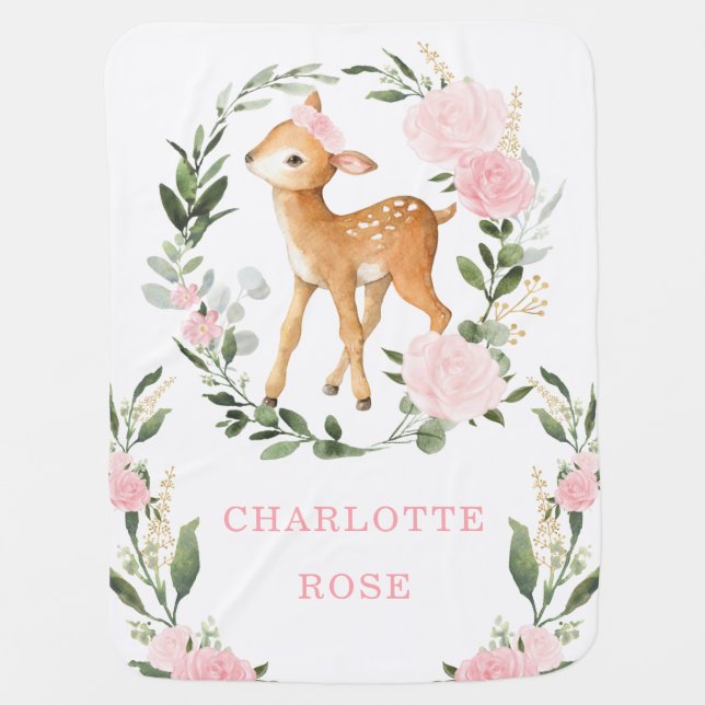 Pretty Deer Pink Floral Roses Greenery Nursery Baby Blanket (Front)