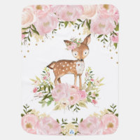 Pretty Deer Woodland Forest Blush Peonies Nursery Baby Blanket