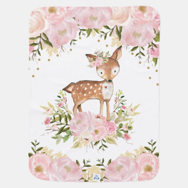 Pretty Deer Woodland Forest Blush Peonies Nursery Baby Blanket (Back)