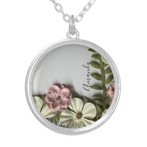 Pretty delicate flowers and name silver plated necklace