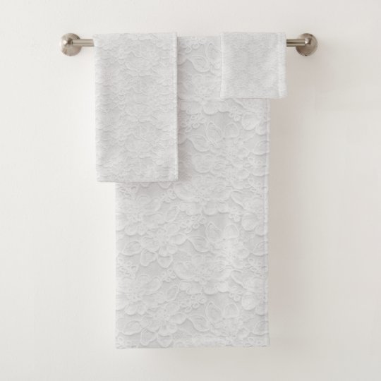 Pretty Delicate Lace Look Floral White Bath Towel Set
