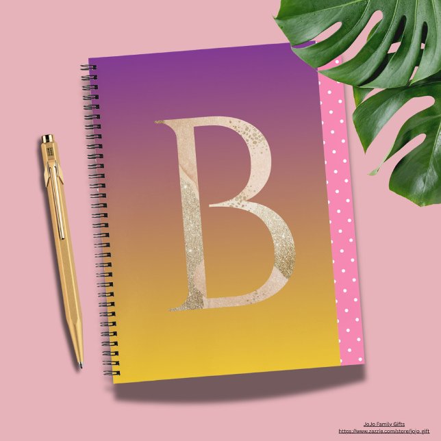 Pretty design polka dot pattern purple gradient notebook (Modern glitter with big letter B. The background is purple and yellow gradient. Pink polka dots.)