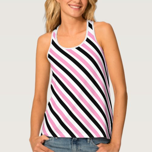 Pretty Diagonal Stripes Pink Black White Tank Top