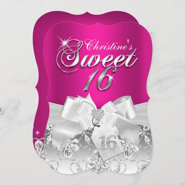 Pretty Diamond Bow Hot Pink Sweet 16 Invitation (Front/Back)