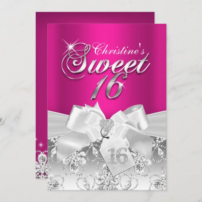 Pretty Diamond Bow Hot Pink Sweet 16 Invite (Front/Back)