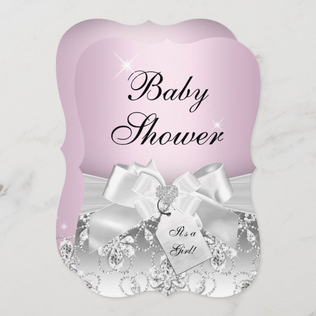 Pretty Diamond Bow Light Pink Baby Shower Invite (Front/Back)
