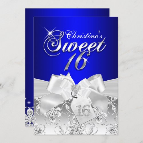 Pretty Diamond Bow Royal Blue Sweet 16 Invite