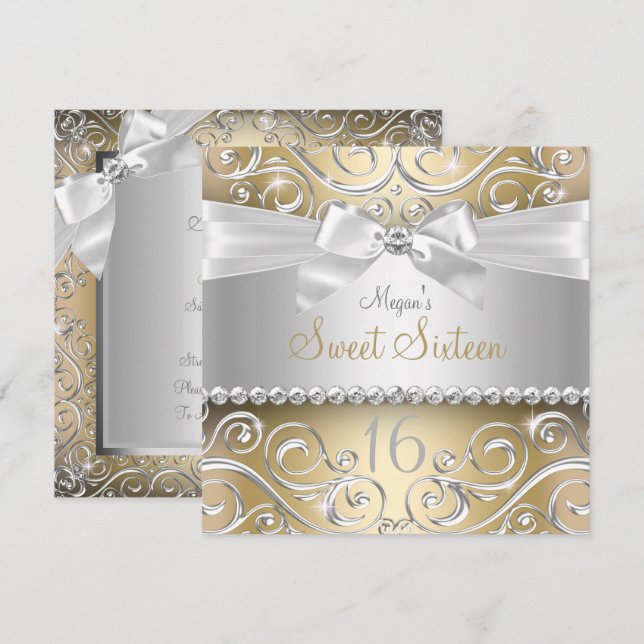 Pretty Diamond bow & Sparkle Swirl Gold Sweet 16 Invitation (Front/Back)