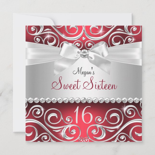 Pretty Diamond bow & Sparkle Swirl Red Sweet 16 Invitation (Front)