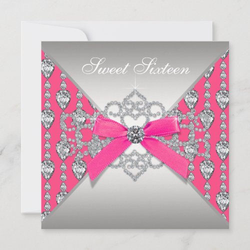 Diamonds Hot Pink Sweet 16 Birthday Party Personalized Invites