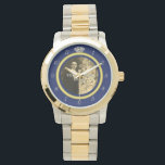 Pretty Diamond Wedding Ring with Photo on Blue Watch<br><div class="desc">This elegant custom watch has a diamond wedding ring look. The gold band forms a circle with silver clock numbers around the outside, the "12" replaced by the image of a diamond. It all stands out boldly on a dark blue background (see color variations under "Weddings" in our store), which...</div>