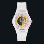 Pretty Diamond Wedding Ring with Photo on Pink Watch<br><div class="desc">This elegant custom watch has a diamond wedding ring look. The gold band forms a circle with silver clock numbers around the outside, the "12" replaced by the image of a diamond. It all stands out boldly on a pink background (see color variations under "Weddings" in our store), which has...</div>