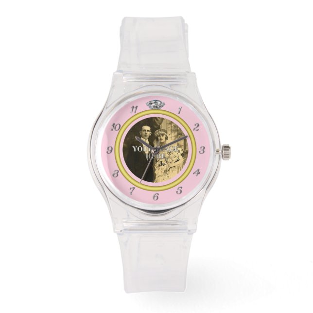 Pretty Diamond Wedding Ring with Photo on Pink Watch (Front)