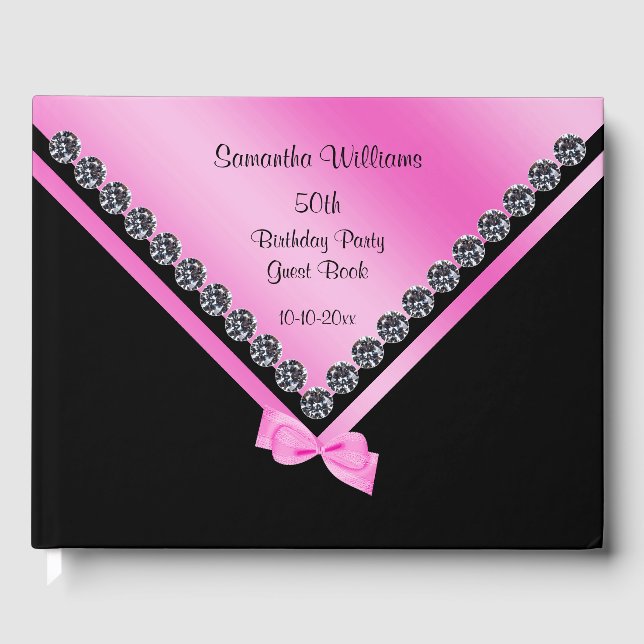 Pretty Diamonds & Pink Bow 50th Birthday Guest Book (Front)