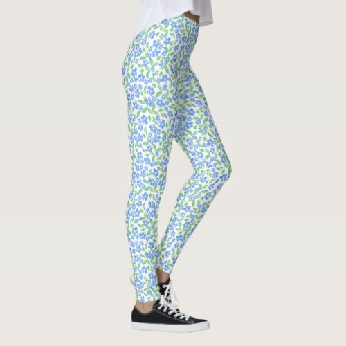 Pretty Ditsy Blue Green White Periwinkle Floral Leggings