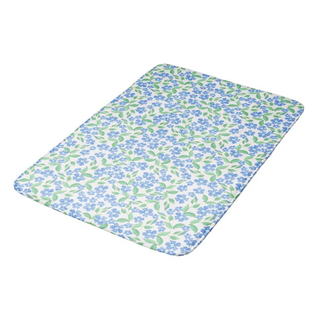 Pretty Ditsy Blue Green White Periwinkle Flowers Bathroom Mat (Angled)