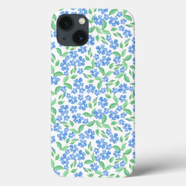 Pretty Ditsy Blue Green White Periwinkle Flowers Case-Mate iPhone Case (Back)
