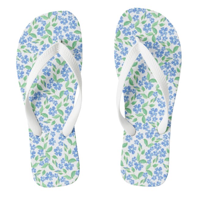 Pretty Ditsy Blue Green White Periwinkle Flowers Flip Flops (Footbed)
