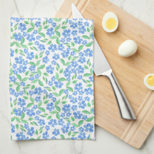 Pretty Ditsy Blue Green White Periwinkle Flowers Kitchen Towel