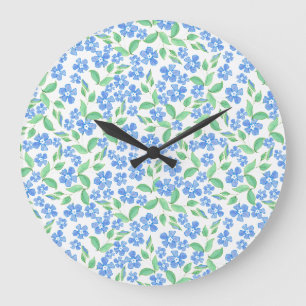 Pretty Ditsy Blue Green White Periwinkle Flowers Large Clock