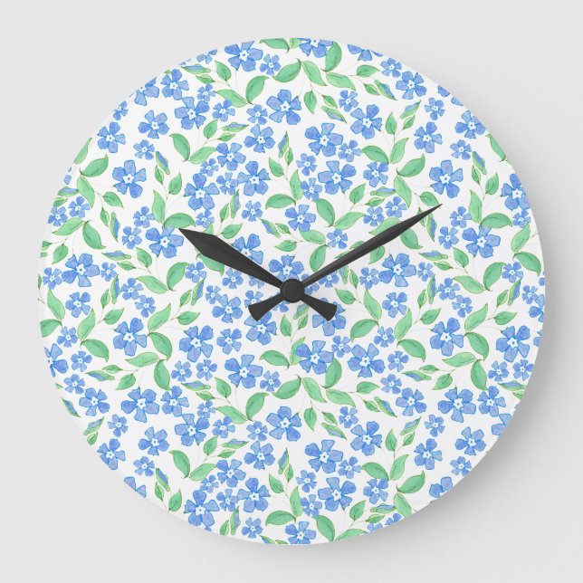 Pretty Ditsy Blue Green White Periwinkle Flowers Large Clock (Front)