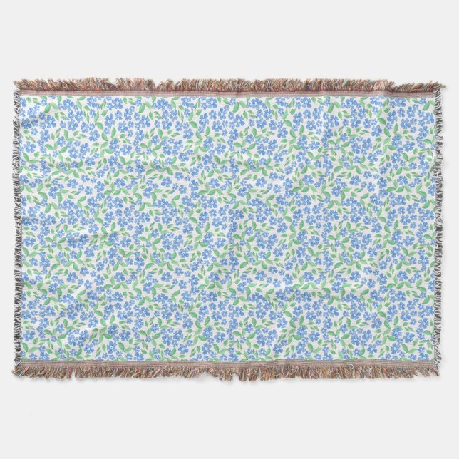 Pretty Ditsy Blue Green White Periwinkle Flowers Throw Blanket (Front)